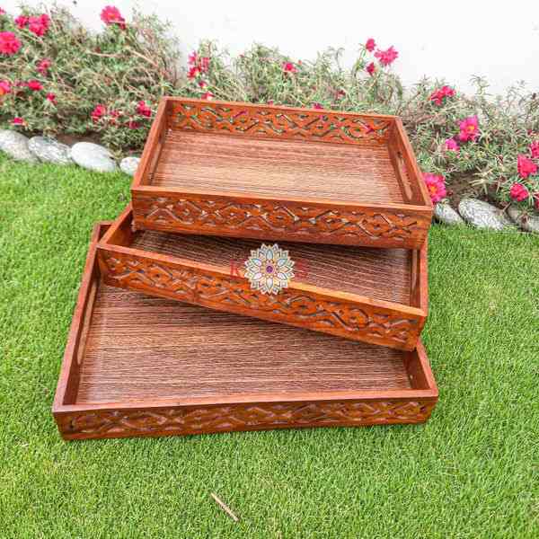 Serving Tray Set of 3, Sheesham Wood with Cutwork, stacked view