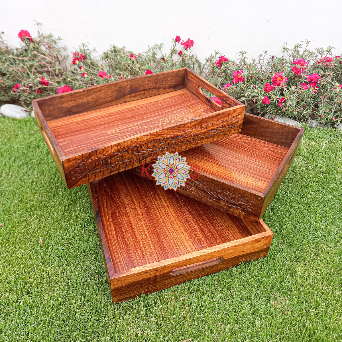 Serving Tray Set of 3, Sheesham Wood with Carving Work, front view