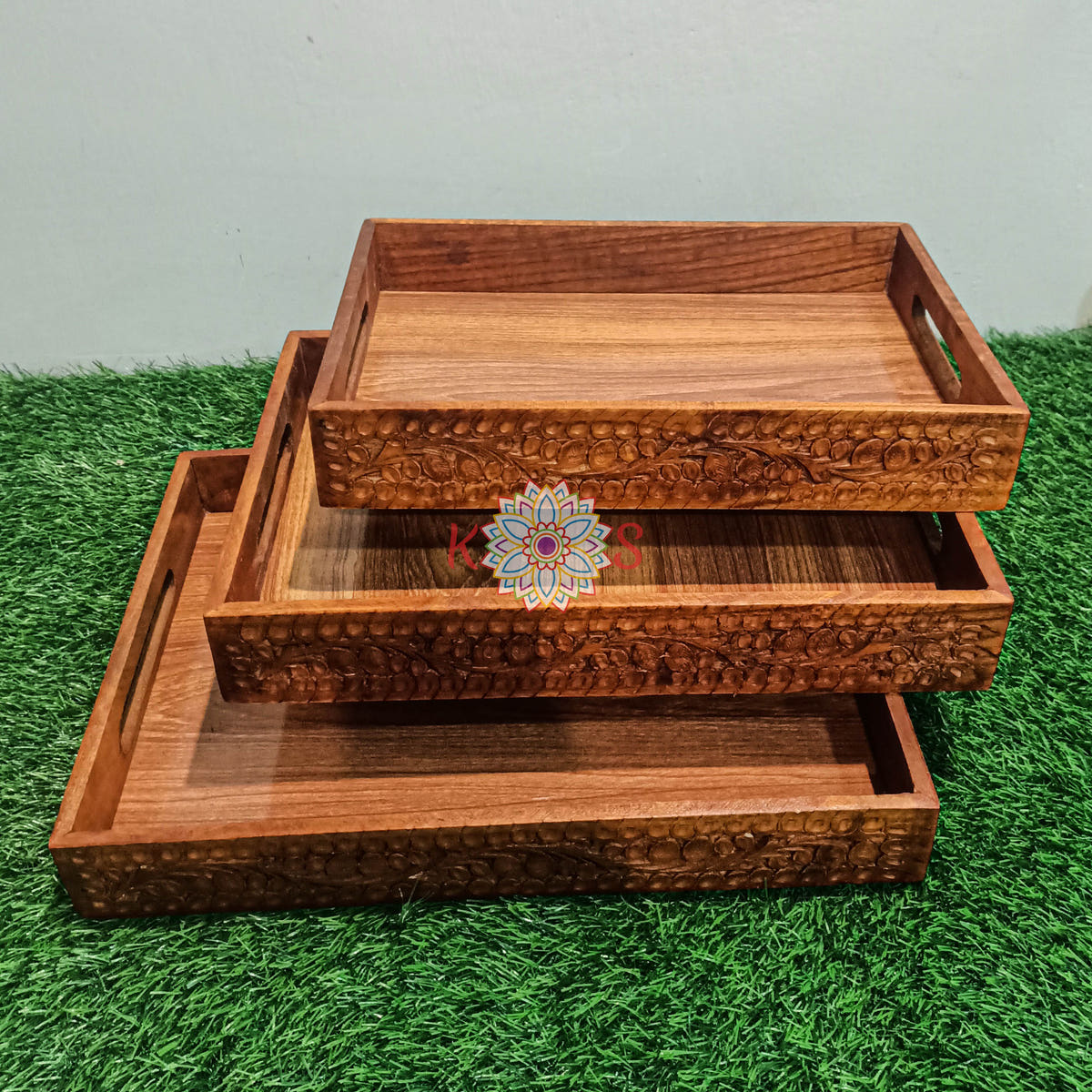 Serving Tray Set of 3, Sheesham Wood with Carving Work, stacked view